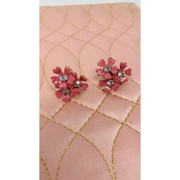 Vintage 1950s Screw Backs Pink 3 Flower Rhinestone Earrings - Picture 2 of 7